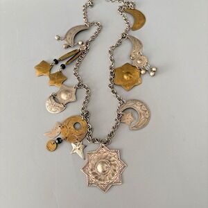 Vintage Artisan Celestial Charm Necklace Mixed Metals Sun Moon Stars Mixed Metal